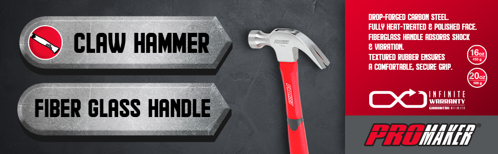 CLAW HAMMER FIBERGLASS HANDLE PRO-MT338 PROMAKER DESCRIPTION